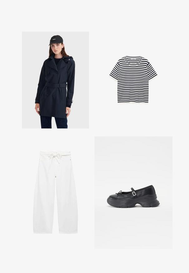 Granatowy wodoodporny płaszcz trench z podwójnymi guzikami, paskiem w talii i kapturem. Charakteryzuje się gładką teksturą i dopasowanym krojem.; Koszulka w paski wykonana z bawełny, z poziomymi paskami w kolorze granatowym i białym, z okrągłym dekoltem i krótkimi rękawami. Gładka tekstura.; Białe spodnie o szerokich nogawkach wykonane z lekkiego materiału, z elastycznym paskiem w talii, dwiema przednimi kieszeniami i prostymi metalowymi detalami.; Czarny skórzany but Mary Jane z zaokrąglonym czubkiem, detalem w postaci kokardy i regulowanym paskiem na kostce. Posiada masywną gumową podeszwę z zakrzywionymi akcentami.