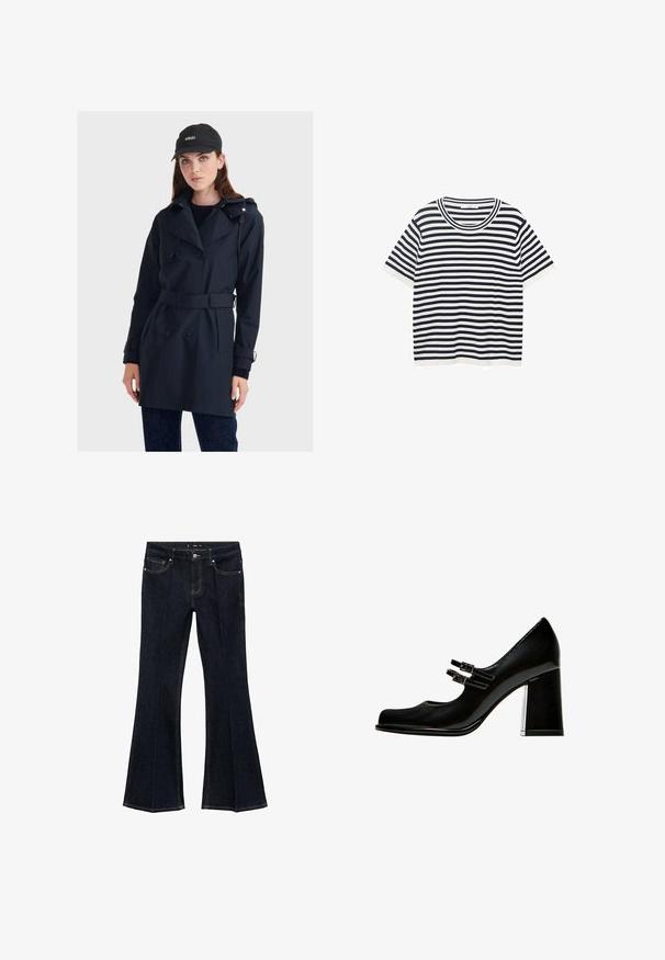 Navy waterproof trench coat with double-breasted buttons, belted waist, and hood. Features a smooth texture and fitted design.; Striped t-shirt made of cotton with navy and white horizontal stripes, features a round neckline and short sleeves. Smooth texture.; Dark blue denim jeans with high waist, front pockets, and flared wide legs, displayed flat on a white background.; Black patent leather high-heeled shoe with a rounded toe, double buckle accents, and a chunky heel. Smooth surface with shiny finish.