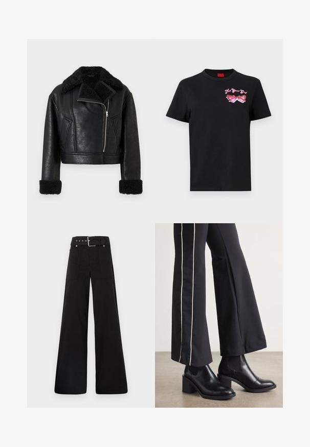 Musta lyhyt tekonahkatakki, jossa on karvakaulus ja -hihat, etuosassa vinoketju ja kaksi vinosti aseteltua sivutaskua.; Mustaa puuvillapaitaa, jossa on lyhyet hihat, ja vasemmassa rinnassa vaaleanpunainen grafiikka aurinkolaseista sekä teksti "Not Your Girl."; Mustat leveälahkeiset housut, jotka on valmistettu puuvillasta. Ne ovat korkeavyötäröiset, suuriin sivutaskuihin ja vyön kanssa varustettu, jossa on hopeanväriset yksityiskohdat.; Mustat nahkasaappaat nilkkapituisilla, lohkareella, joissa on joustavat sivupaneelit. Yhdistetty mustiin housuihin, joissa on valkoinen sivuraita.