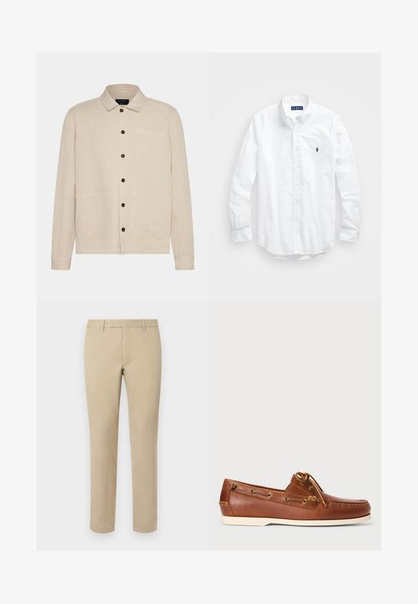 Giacca in cotone beige con colletto, chiusura a bottoni, due grandi tasche a toppa e maniche lunghe. Presenta bottoni scuri e una vestibilità comoda.; Camicia bianca a maniche lunghe con bottoni in cotone. Presenta un colletto classico, polsini a bottone e un piccolo logo ricamato in blu navy sul petto.; Pantaloni in cotone beige con taglio dritto, dotati di passanti per la cintura, gamba piatta e orli sartoriali. Texture liscia e dettagli minimi.; Scarpa da barca in pelle marrone con lacci, grommet dorati e suola in gomma crema. Progettata con un motivo di cucitura in rilievo sulla punta.