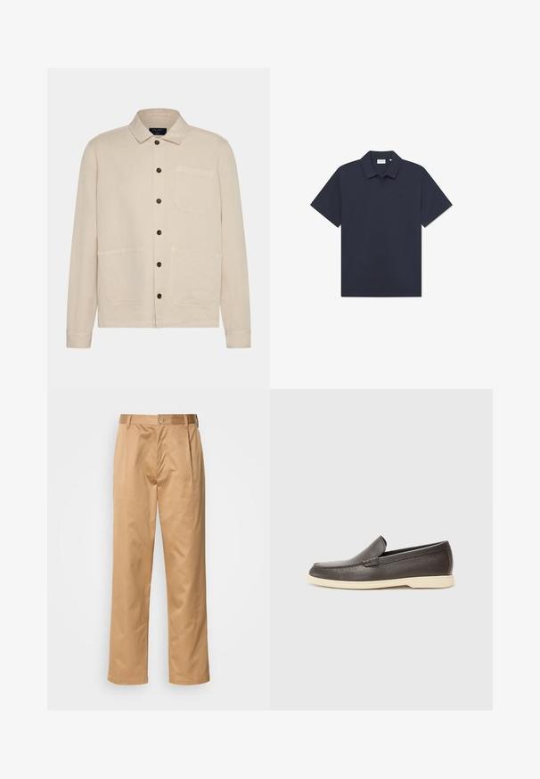 Chaqueta de algodón beige con cuello, cierre de botones al frente, dos grandes bolsillos de parche y mangas largas. Presenta botones oscuros y un corte holgado.; Polo de color azul marino con mangas cortas, cuello y un sutil detalle de logo en el pecho. Fabricado con una tela suave y ligera.; Pantalones caqui, mezcla de algodón, diseño de pierna recta, con pliegues delanteros, trabillas para cinturón y cierre de botón. Textura suave sin patrones.; Zapatos de cuero marrón tipo slip-on con una superficie texturizada y una suela en un tono beige claro, con punta redondeada y detalles de costura mínimos.