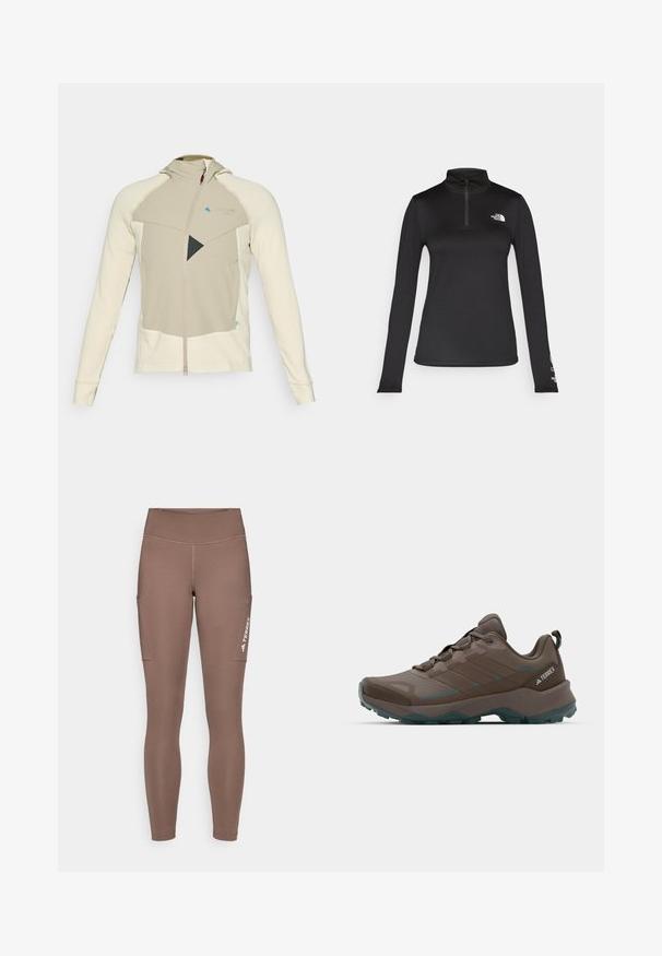 Beige and cream zip-up jacket with a textured pattern, featuring a hood, geometric black accents, and a logo on the chest.; The North Face FLEX 1/4 ZIP GRAPHIC - Long sleeved top - black; Brown athletic leggings with a high waistband, featuring side pockets and a white logo. Smooth, stretchy fabric for comfort and mobility.; Gray and teal hiking shoes with mesh panels, textured upper, and rugged rubber outsole. Features padded tongue and lace-up design.