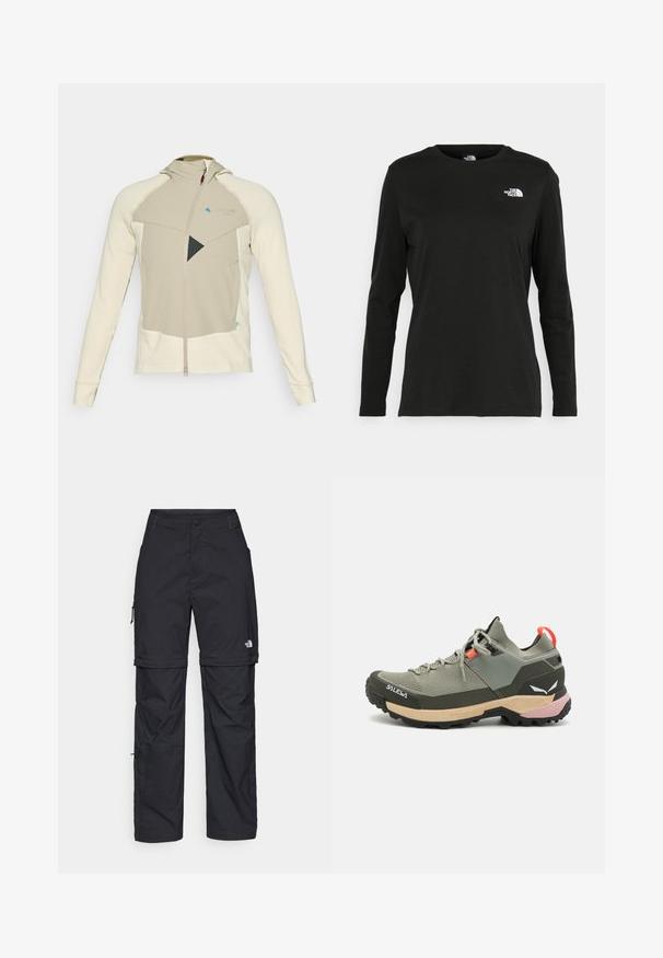 Beige and cream zip-up jacket with a textured pattern, featuring a hood, geometric black accents, and a logo on the chest.; Black long-sleeve t-shirt made of cotton with a round neck. Features a small white logo on the left chest area. Simple design and fit.; Black nylon zip-off cargo trousers with adjustable cuffs, multiple pockets, and a logo on the right leg. Smooth, lightweight texture.; Lightweight green hiking shoe with mesh and rubber materials, black traction outsole, pink and orange accents, and reinforced toe cap.