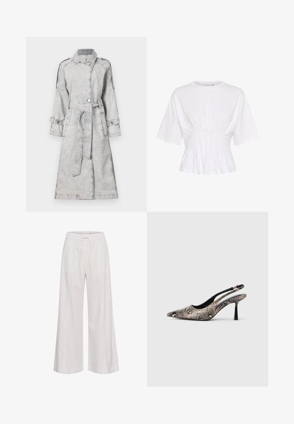 Hallhalli denimmerkkega, millel on vööd ja pikad varrukad, ning nööbid. Omab klassikalist kraed ja dekoratiivseid õlavarrepolste.; Valge lühikeste varrukatega topp pehmest kangast, ümmarguse kaelusega ja kokkutõmbumise detailidega vööl, et saavutada figureeriv välimus.; Laiad püksid pehmest valgest materjalist, millel on elastne vöökoht ja nöör, sile tekstuur ning ilma lisakaunistusteta.; Kitsas varvusega slingback kingad, mis on valmistatud tekstuuriga maosarnase materjali toel, omavad saledat musta kõrget kontsa ja lõikega disaini külgedel.