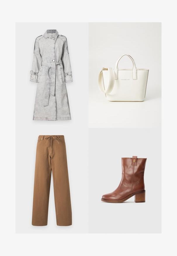 Grå denim trenchcoat med belted talje, lange ærmer og knapdetaljer. Har en klassisk krave og dekorative skulderepauleter.; Sort t-shirt med korte ærmer fremstillet af blødt bomuld, med rund halsudskæring, afslappet pasform og en glat overflade. Ingen synlige mønstre eller grafik.; Brune vidde bukser lavet af bomuld, med en snor i taljen og to frontlommer. Tekstureret stof med en glat finish.; Brune læder knælange støvler med blokhælk og guld logoetiket på siden, vist i profil på en hvid baggrund.; Hvid faux læder håndtaske med korte hanke, justerbar skulderrem og guldtonet hardware; har et subtilt logo foran.