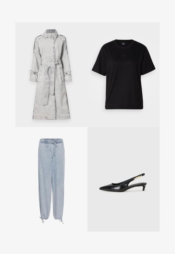 Trench coat din denim gri, cu talie cu curea, mâneci lungi și detalii cu butoane. Include un guler clasic și epauleți decorativi la umeri.; T-shirt negru din bumbac, cu guler rotund, mâneci scurte și un logo brodat pe piept. Design simplu, cu o croială relaxată și fără modele.; Pantaloni din denim albastru deschis, cu talie elastică, sistem de închidere cu șnur și glezne tapered. Prezintă buzunare laterale și o textură netedă.; Sandale slingback din piele neagră cu vârf ascuțit, având un toc subțire și un accent de culoare aurie pe curea ajustabilă. Textură netedă.