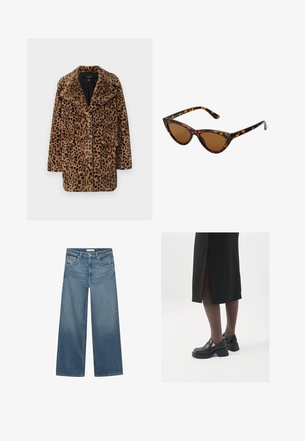Cappotto in pelliccia sintetica con stampa leopardata, colletto a rever, tre bottoni frontali e due tasche laterali. Morbido al tatto, in tonalità di marrone e nero.; Maglione a maglia marrone con scollo rotondo, spalle scese e polsini a costine. Texture morbida, design corto e vestibilità ampia.; Jeans a gamba larga di colore blu chiaro realizzati in denim, con vita a media altezza, due tasche frontali e dettagli di cucitura classici.; Scarpe in pelle nera con punta arrotondata, tacco spesso a blocco e accenti laterali in elastico, abbinate a collant scuri e una gonna nera con uno spacco.; Occhiali da sole cat-eye con una montatura tartarugata nera e arancione, lenti marroni e punte affusolate e eleganti. Presentano un logo minimale sulla asta.; Borsa a mano in suede marrone scuro con una forma strutturata, dotata di due manici superiori e una tracolla removibile con una fibbia in tonalità oro.