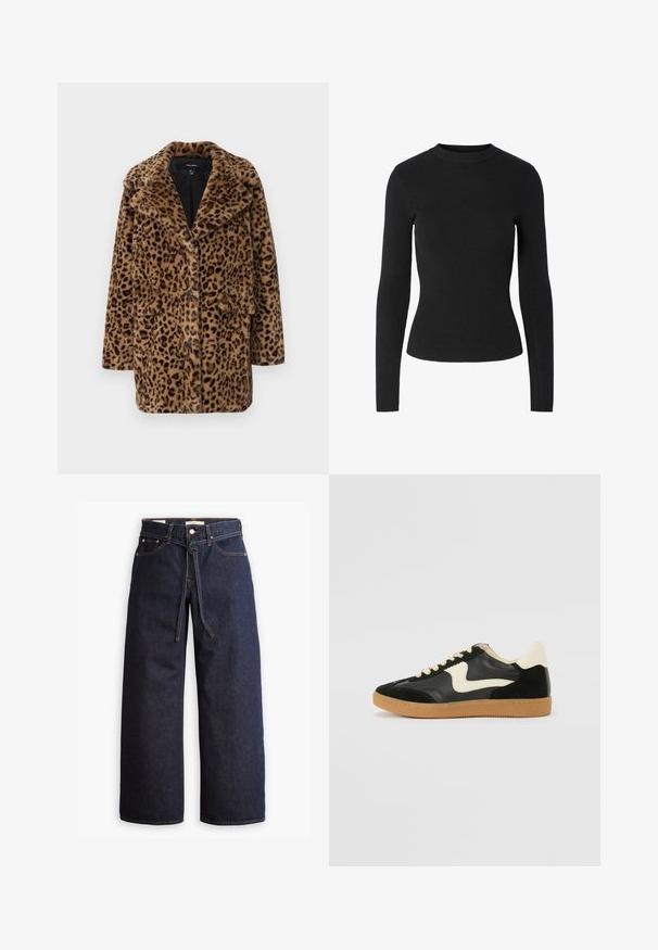 Cappotto in pelliccia sintetica con stampa leopardata, colletto a rever, tre bottoni frontali e due tasche laterali. Morbido al tatto, in tonalità di marrone e nero.; Maglione nero a coste con maniche lunghe, scollo rotondo e silhouette aderente, caratterizzato da una texture liscia su tutta la superficie.; Jeans in denim scuro a gamba larga con vita alta, dotati di un laccio, cinque tasche e dettagli di cucitura a contrasto.; Sneaker nera in suede e pelle con un sorriso laterale crema e un tallone di un leggero crema. Presenta lacci beige e una suola in gomma color caramello.