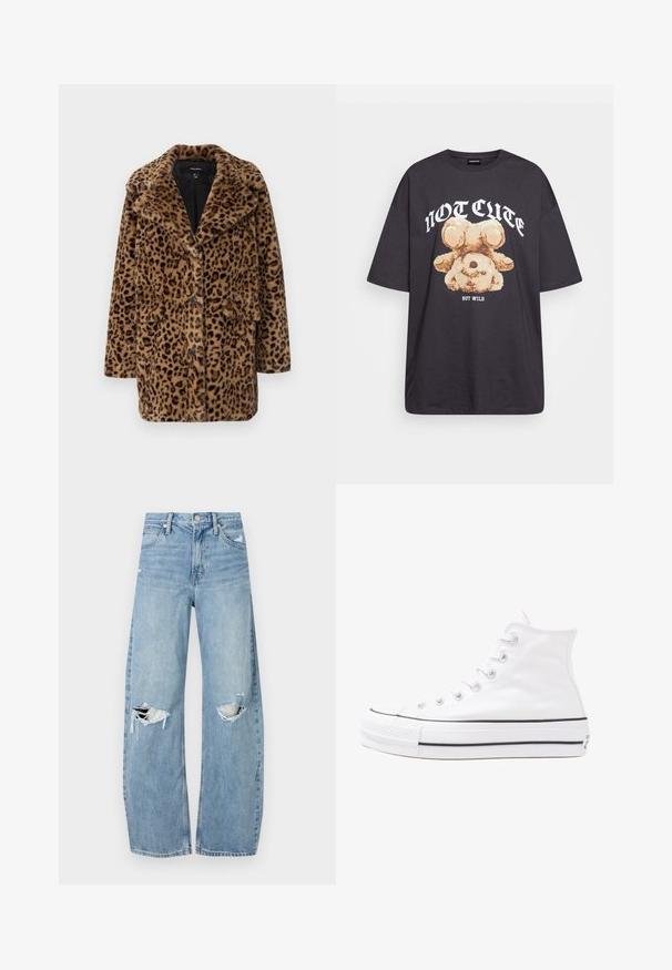Leopardimustriga faux karusnahast jakk, millel on krae, kolm esimikrooni ja kaks küljetaskut. Pehme tekstuur pruunides ja mustades toons.; Musthave musta t-särk, millel on karu graafika ja tekst "EI NII NÄDALA, KUID MÄRG" paksult valgete tähtedega. Puuvillane materjal.; Heledad hallideega sinised teksad, millel on kõrge talje. Teksade jalgadel on lai alus, kaks rebitud kohta põlvede ümber ning klassikaline viie tasku stiil.; Valge kõrgem kangast tenniseking, millel on must kummist tald, ees kummist varvasetugi ja kuus aukku paelte jaoks, pakkudes puhta ja minimalistliku disaini.