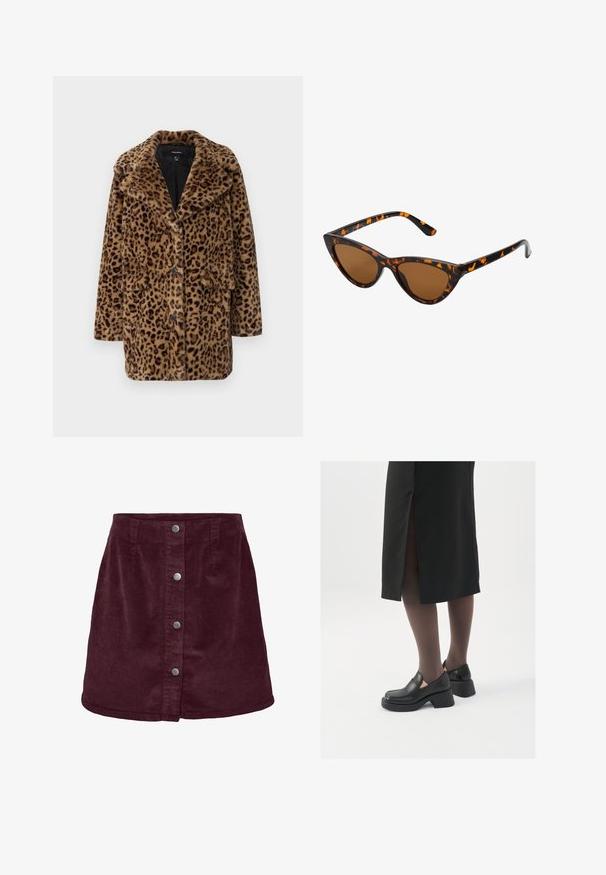 Leopardų raštuotas dirbtinio kailio paltas su apykakle, trims priekiniais mygtukais ir dviem šoninėmis kišenėmis. Minkšta tekstūra rudos ir juodos spalvų atspalviuose.; Ilgas rankovės polo marškinėliai, pagaminti iš tamsiai rudos medžiagos. Turi prigludusį siluetą ir lygią tekstūrą, be jokių matomų raštų ar detalių.; Vyno raudonos kordūroja mini sijonas su A formos siluetu, turintis penkis sidabrinius mygtukus priekyje ir subtilią raukšlių tekstūrą.; Juodos odinės bateliai su apvaliu nosiu, stora blokine pakulne ir elastingais šonais, derinami su tamsiomis pėdkelnėmis ir juoda sijonu su plyšiu.; Katės akies saulės akiniai su juodu ir oranžiniu šarvuotu rėmeliu, ruda objektyvu ir elegantiškais, smailiais galiukais. Rėmelyje yra minimalus logotipas ant šventės.