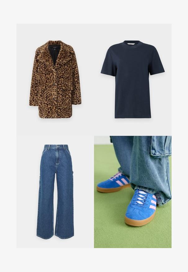 Leopardimustriga faux karusnahast jakk, millel on krae, kolm esimikrooni ja kaks küljetaskut. Pehme tekstuur pruunides ja mustades toons.; Tumesinine lühikeste varrukatega T-särk, mis on valmistatud puuvillast, ümarate kaelustega ja vabalt lõigatud, minimaalse detaili kujundusega.; Laiene jalad sinised denim püksid kõrge vöökohaga, kontrastsete õmblustega ja küljetaskutega, klassikalise viie taskuga disainiga ja toore servaga.; Sinised sametkingad roosade triipudega ja valgete paeltega, millel on kummist tallad, kombineeritud laia teksapükstega rohelisel pinnal.