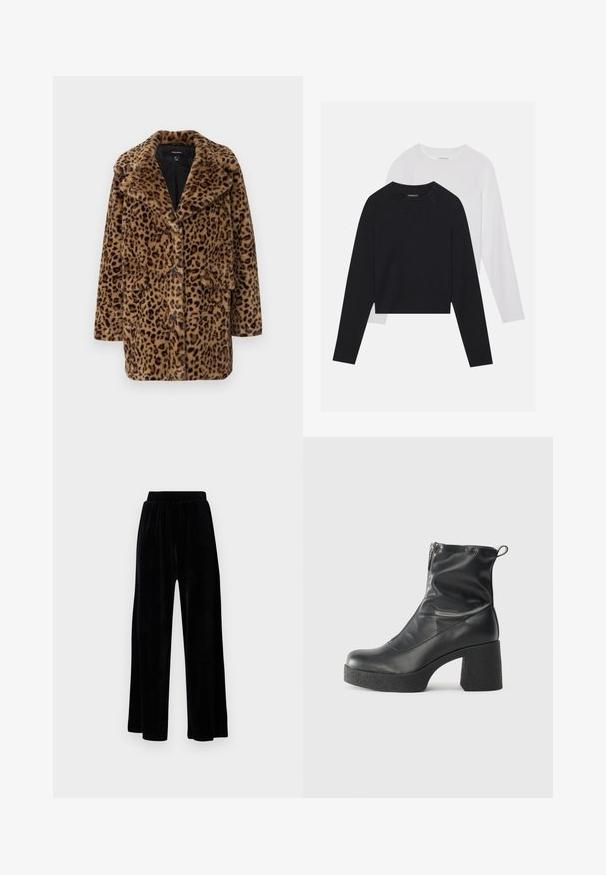 Leoparda raksta mākslīgā kažokāda ar kreklu tipa apkakli, trim priekšējiem pogām un divām sānu kabatām. Mīksta tekstūra brūnās un melnās krāsās.; Divas garām piedurknēm krekli: viens melns un viens balts. Abiem ir apaļa izgriezne, raglanu piedurknes un mīksta kokvilnas maisījuma audums.; Melni platajā stila bikses, izgatavotas no mīksta samta, ar elastīgu jostu un gludu tekstūru, bez redzamām detaļām vai rakstiem.; Melni potītes zābaki, kas izgatavoti no gludas ādas, ar sānu rāvējslēdzēju, masīvu strukturētu papēdi un noapaļotu purngalu.