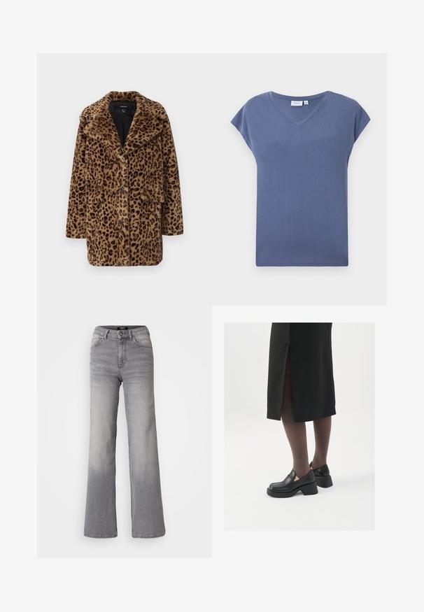 Kaput s faux krznom sa leopard uzorkom, sa reverima, tri gumba sprijeda i dva bočna džepa. Mekana tekstura u smešnim i crnim nijansama.; T-shirt s V-izrezom i kratkim rukavima u prigušenoj plavoj boji, izrađen od mekanog pamučnog materijala s glatkom teksturom i opuštenim krojem.; Sive traperice visokog struka ravnog kroja, s prednjim gumbom i patentnim zatvaračem, prednjim i stražnjim džepovima te izblijedjelim nijansama na bedrima i listovima.; Crne kožne cipele s zaobljenim vrhom, debelim blok petama i elastičnim bočnim detaljima, uparene s tamnim čarapama i crnom suknjom s prorezom.