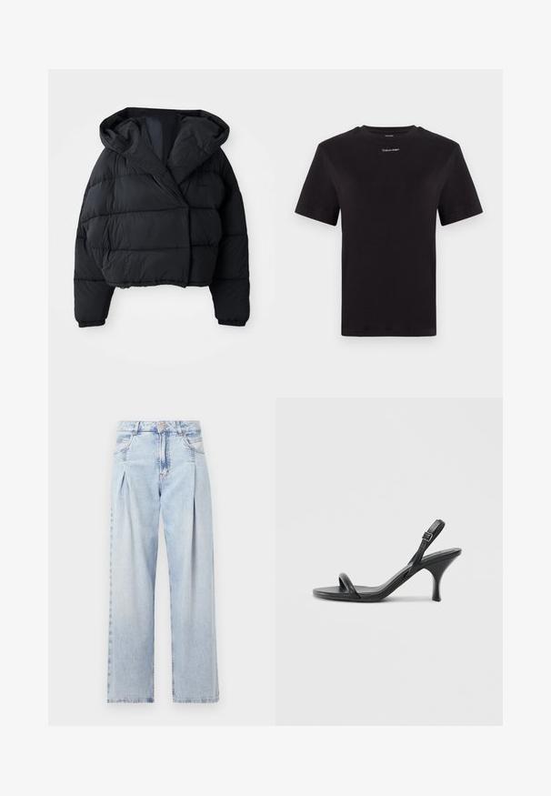 Czarna kurtka puchowa o skróconym kroju, z kapturem, pikowaną fakturą i elastycznymi mankietami. Minimalistyczny styl i lekki materiał.; Czarny t-shirt bawełniany z krótkimi rękawami, okrągłym dekoltem i małym białym logo "Calvin Klein" na piersi. Gładka struktura, klasyczny krój.; Jasnoniebieskie dżinsy z wysokim stanem, szerokimi nogawkami, dwoma bocznymi kieszeniami oraz plisowanym wzorem. Miękka tekstura z wyblakłym wykończeniem.; Czarne skórzane sandały na wysokim obcasie z cienkim, zakrzywionym obcasem i skrzyżowanym wzorem pasków. Regulowany pasek na kostkę. Gładka faktura.