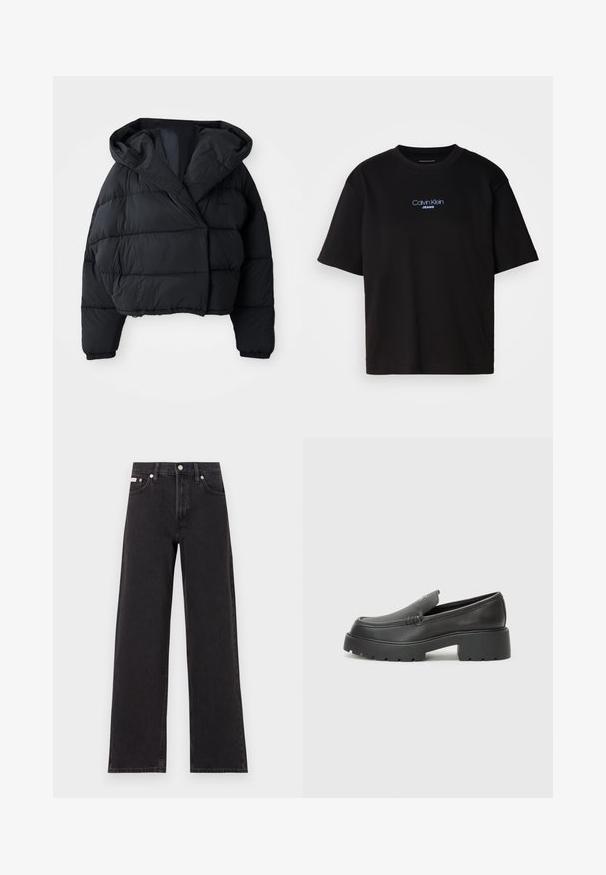 Casaco puffer preto com design cropped, apresentando capuz, textura acolchoada e punhos elásticos. Estilo minimalista e material leve.; T-shirt preta de algodão com gola redonda, mangas curtas e logo bordado azul "Calvin Klein JEANS" na parte da frente.; Jeans de perna larga pretos feitos de denim, apresentando uma cintura alta, estilo de cinco bolsos e um fecho em botão de metal com costura contrastante.; Mocassins de couro preto com bico arredondado, sola espessa e texturizada, e detalhes de costura minimalistas. Design elegante sem atacadores ou ferragens visíveis.