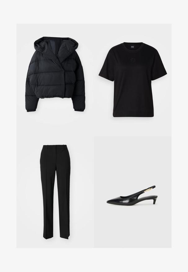 Svart paddlejakke med cropped design, med hette, kviltet tekstur og elastiske mansjetter. Minimalistisk stil og lett materiale.; Svart bomull T-skjorte med rund hals, korte ermer og et brodert logo på brystet. Enkel, avslappet passform uten mønstre.; Sorte skreddersydde bukser med rett silhuett, med en glatt tekstur og klare pressede bretter foran. Ingen synlig maskinvare.; Sorte lærreim hæler med spiss tå, som har en slank hæl og en gullfarget detalj på den justerbare stroppen. Glatt tekstur.