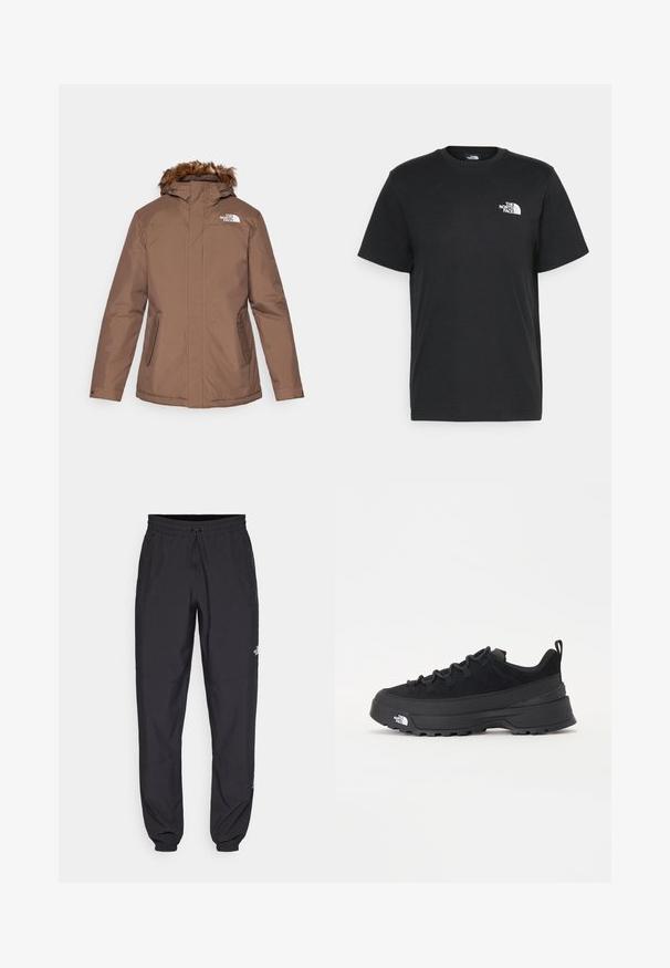 Brown insulated jacket with a removable faux fur hood, zippered front, dual side pockets, and a white logo on the left chest.; Black cotton t-shirt with short sleeves, crew neck, and a small white logo on the left chest. Simple design, smooth texture, and relaxed fit.; Black athletic pants made from lightweight fabric, featuring a drawstring waistband, side pockets, and tapered cuffs at the ankles.; Black outdoor sneaker with a suede upper, textured rubber sole, and sturdy lacing system. Features a reinforced heel and brand logo on the side.