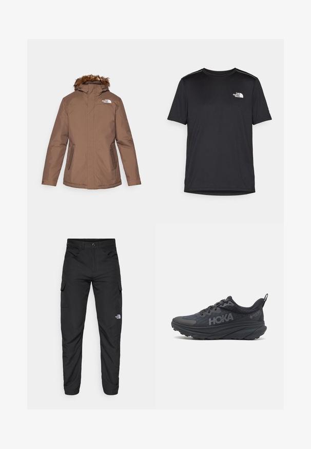 Rjava izolirana jakna z odstranljivo umetno krzneno kapuco, zadrgo spredaj, dvema stranskima žepoma in belim logotipom na levi prsni strani.; Črna kratkosleevena majica iz lahkotnega materiala. Ima majhen bel logo na levem prsnem delu in diskretne poudarke na ramenskem predelu.; The North Face HORIZON PANT - Hlače za na prostem - black; Črne tekaške čevlje Hoka z mrežasto zgornjim delom, teksturiranimi podrobnostmi in debelim, oblazinjenim podplatom s koničastimi robovi za izboljšano podporo.