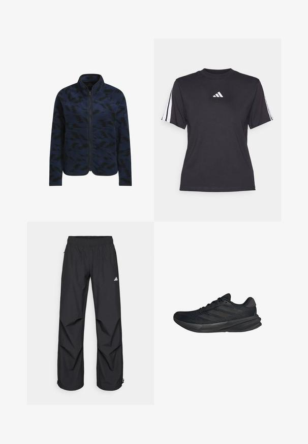 adidas Performance ULTIMATE365 PRINTED FLEECE - Giacca in pile - collegiate navy; Maglietta sportiva nera realizzata in tessuto morbido, con scollo tondo, maniche corte e tre strisce bianche su ogni spalla. Logo bianco sul petto.; Pantaloni neri, leggeri, impermeabili, con vita elasticizzata, tasche laterali e polsini regolabili. Presentano un logo bianco sulla coscia sinistra.; Scarpe sportive nere con tomaia in rete, forma aerodinamica, suola piatta e tre strisce diagonali sui lati. Design leggero per il massimo comfort.