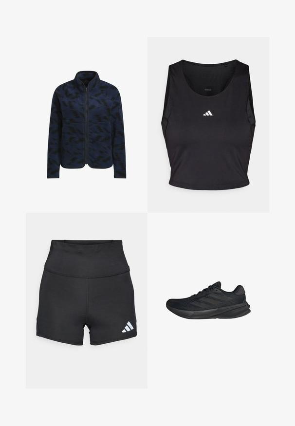 adidas Performance ULTIMATE365 PRINTED FLEECE - Fleece jacket - collegiate navy; Black sports crop top made from moisture-wicking fabric, featuring a round neck, sleeveless design, and white logo on the chest.; adidas Performance Leggings - black; Black athletic shoes with a mesh upper, streamlined shape, flat sole, and three diagonal stripes on the side. Lightweight design for comfort.