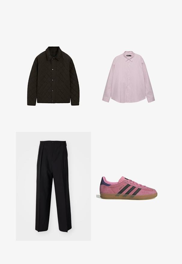 Gep quiltete schwarze Jacke mit einem Cordkragen, Druckknöpfen und Seitentaschen, die ein strukturiertes Design und einen texturierten Stoff aufweist.; Helles rosa Button-down-Hemd mit vertikalen blauen Streifen, Kragen, langen Ärmeln und lockerer Passform. Aus glattem Stoff mit leichtem Glanz gefertigt.; Schwarze, plissierte Hose mit geradem, weitem Bein. Hergestellt aus glattem Stoff, mit Knopfverschluss und Gürtelschlaufen.; Rosa Wildleder-Sneaker mit schwarzen Streifen, Gummisohle und strukturiertem lila Fersenbereich. Verfügt über ein Schnürdesign und geprägte Markenkennzeichnung an der Seite.