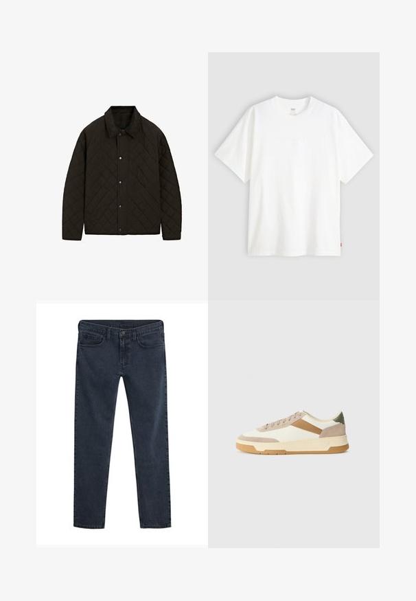 Gep quiltete schwarze Jacke mit einem Cordkragen, Druckknöpfen und Seitentaschen, die ein strukturiertes Design und einen texturierten Stoff aufweist.; Weißes T-Shirt mit kurzen Ärmeln aus Baumwolle und rundem Halsausschnitt. Besitzt ein dezentes, geprägtes Logo-Detail auf der Vorderseite und ein rotes Etikett am Saum.; Dunkelblaue Denim-Jeans mit schmaler Passform, Fünf-Taschen-Design, Knopfverschluss und einer dezenten Used-Optik im gesamten Stoff.; Sneaker in Beige, Creme und Olivgrün, aus Wildleder und Leder, mit runder Zehenpartie, minimalistischem Design und Gummisohle.