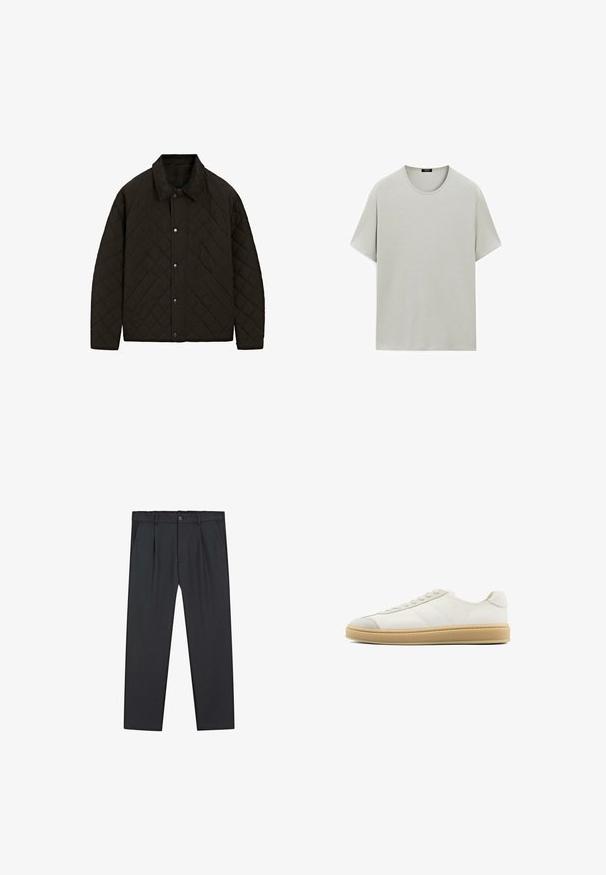 Gep quiltete schwarze Jacke mit einem Cordkragen, Druckknöpfen und Seitentaschen, die ein strukturiertes Design und einen texturierten Stoff aufweist.; Hellgraues kurzärmliges T-Shirt aus weichem Baumwollstoff, mit klassischem Rundhalsausschnitt und lässigem Schnitt ohne sichtbare Nähte.; Schwarze, gerade geschnittene Hose aus leichtem Stoff mit Knopfverschluss, plissiertem Vorderteil und seitlichen Taschen. Durchgehend glatte Textur.; Weiße Wildledersneaker mit glatter Oberfläche, runder Zehenpartie, Schnürung und einer tanfarbenen Gummisohle. Mit dezenten Streifen an den Seiten und Akzenten an der Ferse.