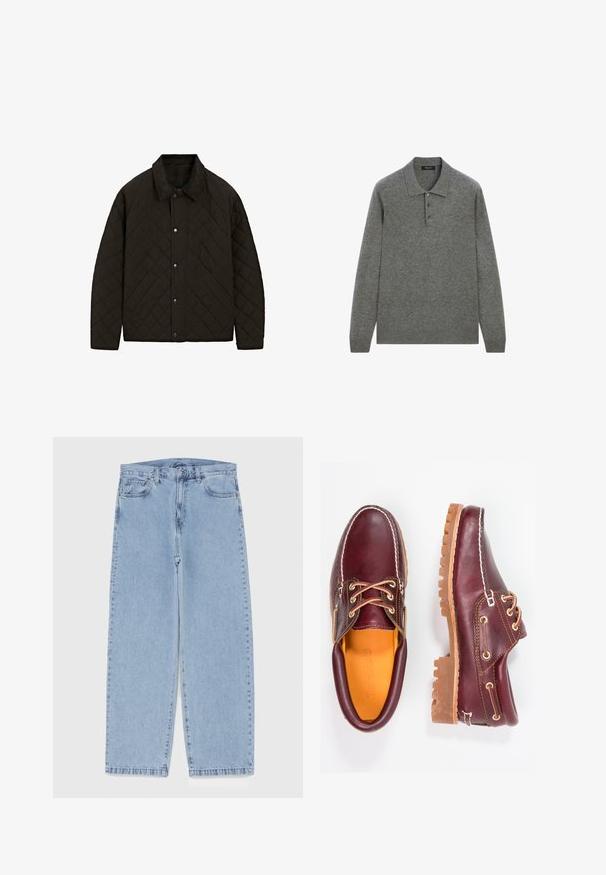 Gequilted zwarte jas met een corduroy kraag, drukknoopsluiting en zijzakken, met een gestructureerd ontwerp en textuurstof.; Grijze polo met lange mouwen, gemaakt van een zachte stof, met een klassieke kraag en een drieknoopsluiting aan de voorkant.; Lichtblauwe denim jeans met een recht model, voorzien van een middelhoge taille, vijf zakken en een knoop- en ritssluiting.; Bordeaux leren schoenen met bruine rubberen zolen, ronde neus, witte stiksels en gouden veterogen. Het interieur heeft een gele voering.