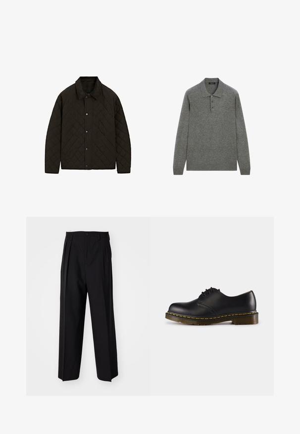 Quilted black jacket with a corduroy collar, snap buttons, and side pockets, featuring a structured design and textured fabric.; Gray long-sleeve polo shirt made from a soft fabric, featuring a classic collar and three button placket at the front.; Black pleated trousers with a straight, wide-leg design. Made from smooth fabric, featuring a button closure and belt loops.; Black leather shoe with rounded toe, lace-up design, yellow stitching along the sole, and a chunky, textured rubber outsole.