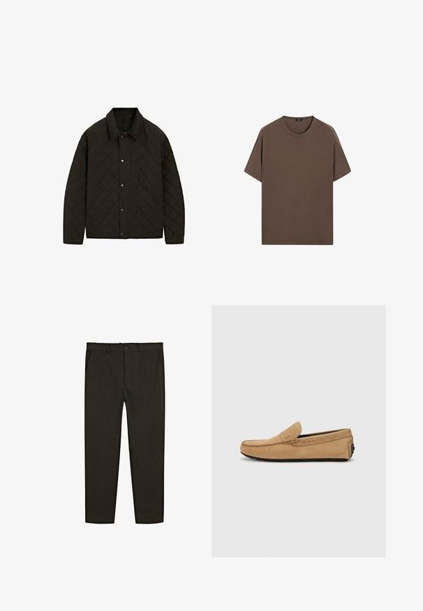 Quilted black jacket with a corduroy collar, snap buttons, and side pockets, featuring a structured design and textured fabric.; Brown cotton t-shirt with a round neck and short sleeves. Simple design with an even texture and a relaxed fit. No patterns or accents.; Dark brown, woven fabric pants featuring a straight-leg design, front pockets, and a button closure at the waist. Smooth texture.; Beige suede moccasin shoe with a stitched toe, slip-on design, and black rubber sole. Features subtle branding on the side.