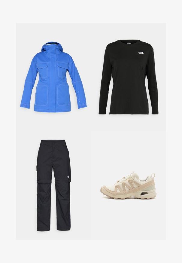 Kék vízálló dzseki magas gallérral, két nagy elülső zsebbel és egy cipzáros zsebbel az ujján. Kontrasztos fehér varrással rendelkezik.; Fekete, hosszú ujjú póló pamutból, kerek nyakkal. A bal mellrészen egy kis fehér logó található. Egyszerű dizájn és szabás.; Fekete nylon zipzáras cargo nadrág állítható mandzsettával, több zsebbel és logóval a jobb lábon. Simább, könnyű textúra.; Beige és krém színű sportcipő, texturált hálós felsőrésszel, támogató burkolattal és gumitalppal, amely tapadás érdekében bordázott mintázattal rendelkezik.