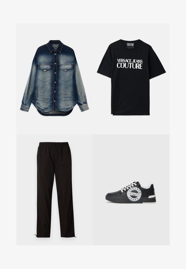 Farkkutakki, jossa on liukuvärjätty sininen väri, kaksi rintataskua, hopeiset napit, pitkät hihat ja kaareva helma.; Musta puuvillainen t-paita lyhyillä hihoilla, jossa on suuri valkoinen teksti "VERSACE JEANS COUTURE" edessä. Klassinen pyöreä kaula-aukko.; Mustat kevyet housut, joissa on joustava vyötärö, kiristysnauha ja vetoketjulliset lahkeet säädettävään istuvuuteen. Sujuva, sleek-tuntu.; Musta nahkakengät valkoisilla yksityiskohdilla, pyöreällä logotunnuksella, rei'itetty kärki ja kontrastivärinen pohja. Varusteena valkoiset nauhat ja brändäys.
