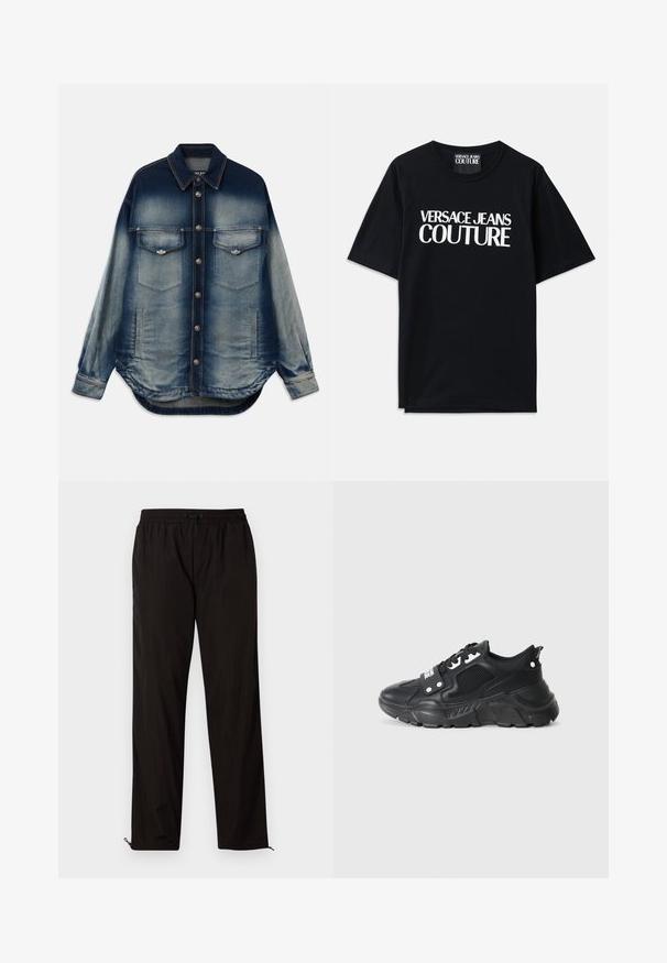 Farkkutakki, jossa on liukuvärjätty sininen väri, kaksi rintataskua, hopeiset napit, pitkät hihat ja kaareva helma.; Musta puuvillainen t-paita lyhyillä hihoilla, jossa on suuri valkoinen teksti "VERSACE JEANS COUTURE" edessä. Klassinen pyöreä kaula-aukko.; Mustat kevyet housut, joissa on joustava vyötärö, kiristysnauha ja vetoketjulliset lahkeet säädettävään istuvuuteen. Sujuva, sleek-tuntu.; Mustat urheilujalkineet, joissa on teksturoitu verkko-paneeli, paksu kumipohja, kontrastivärit ja nauhakiinnitys. Varustettu takana olevan vetotarran avulla.