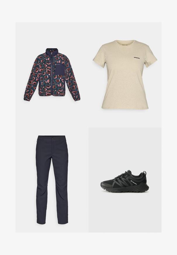 Fleece bunda s viacfarebným abstraktným vzorom. Má vysoký golier, plný zips a námornícku vrecko na ľavej hrudi.; Bežové tričko s krátkym rukávom a okrúhlym výstrihom Patagonia s malým čiernym logom na ľavej hrudi, zobrazené na jednolatom pozadí.; Námornícke modré nohavice z hladkej tkaniny, s predným zapínaním na gombík, slim-fit strihom a prešívaním v oblasti kolien.; Columbia PEAKFREAK - Turistické topánky - black