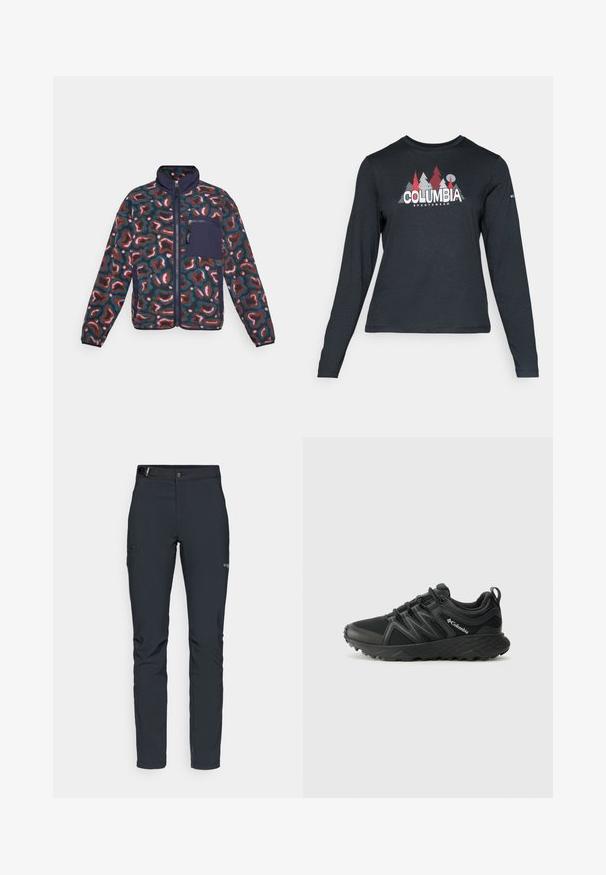 Fliisjakker, millel on mitmevärviline abstraktne muster. Omab kõrget kraed, täispikkust tõmblukk ja vasakul rinnal tumesinine tasku.; Pikend varrukatega tumehall särk, millel on punaste puude ja mägede graafika; "COLUMBIA" logo julge valge tekstiga. Pehme kangas, tavaline ümmargune kaelus.; Meeste välkpüksid, tumehallid, valmistatud paindlikest materjalidest, vöökohaga, tõmblukuga taskud ja tugevdatud õmblused.; Columbia PEAKFREAK - Matkajalatsid - black