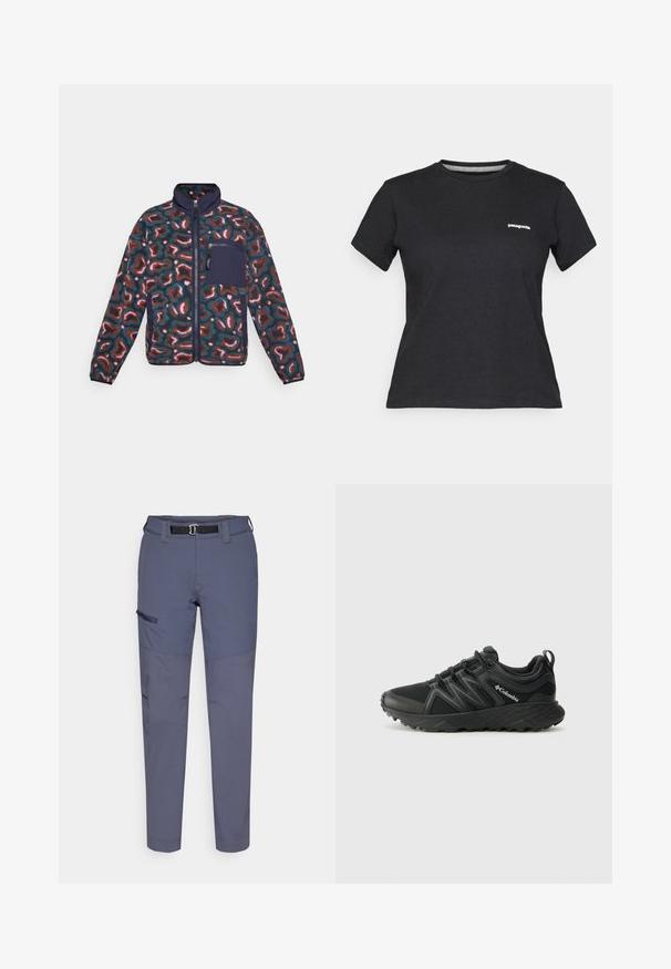 Chaqueta de forro polar con un patrón abstracto multicolor. Presenta un cuello alto, cremallera completa y un bolsillo azul marino en el lado izquierdo del pecho.; Camiseta de algodón negra con cuello redondo y mangas cortas. Presenta un logotipo blanco de "Patagonia" en el área del pecho izquierdo.; Pantalones ligeros de color azul marino con una textura duradera, que cuentan con un cinturón, un bolsillo lateral con cremallera y secciones inferiores reforzadas.; Columbia PEAKFREAK - Zapatillas de senderismo - black