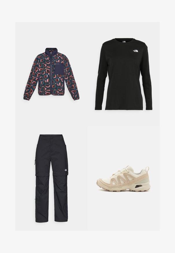 Polarowa kurtka z wielokolorowym abstrakcyjnym wzorem. Posiada wysoki kołnierz, pełny zamek błyskawiczny oraz granatową kieszeń na lewej piersi.; Czarna koszulka z długim rękawem z bawełny z okrągłym dekoltem. Posiada niewielkie białe logo po lewej stronie na piersi. Prosty design i fason.; Czarne nylonowe spodnie cargo z odpinanymi nogawkami, regulowanymi mankietami, wieloma kieszeniami oraz logo na prawej nogawce. Gładka, lekka tekstura.; Beżowe i kremowe buty sportowe z teksturowanej siateczki, wspierającymi nakładkami oraz gumową podeszwą z wzorem bieżnika zapewniającym przyczepność.