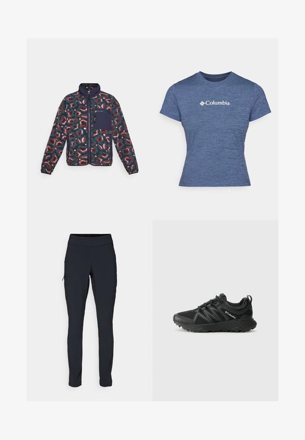 Giacca in pile con un motivo astratto multicolore. Caratterizzata da un collo alto, zip a tutta lunghezza e una tasca blu navy sul lato sinistro del petto.; T-shirt blu a maniche corte realizzato in tessuto testurizzato, con logo bianco Columbia sul petto, scollatura rotonda e design aderente.; Pantaloni sportivi neri con vestibilità aderente, vita elastica e una tasca laterale con zip. Tessuto liscio e elasticizzato con cuciture minime.; Columbia PEAKFREAK - Scarpa da hiking - black