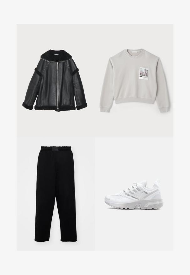 Black leather jacket with a zip front, wide collar, and shearling accents on the cuffs and hem, featuring a relaxed, boxy fit.; Light gray cropped sweatshirt made of soft material, featuring a front pocket with a photo print. Ribbed cuffs and hem.; Black sweatpants featuring an elastic waistband, side pockets, and a relaxed fit. Made from soft, smooth fabric with a plain texture.; White athletic shoe with a textured mesh upper, sleek design, reinforced toe, and silver accents on lacing system and midsole.
