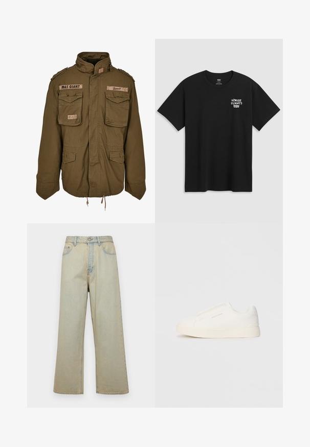 Olivno zelena M65 jakna s stoječim ovratnikom, dvema prsima žepoma, nastavljivim nastavkom na pasu in šivanimi našitki na ramenih.; Črna bombažna majica s tiskom na prsih, ki prebere "HOUSE PLANTS" v beli stilizirani pisavi, pod njim pa je zapisano "Levi's". Klasičen kroj z okroglim izrezom.; Svijetloplavi traper hlače širokog kroja s izblijedjelim finishom. Ima pet džepova i kopčanje na gumbe sprijeda.; Bele zapete brez vezalk z teksturirano površino, debelim podplatom in minimalističnim dizajnom. Na strani se nahaja logotip blagovne znamke.