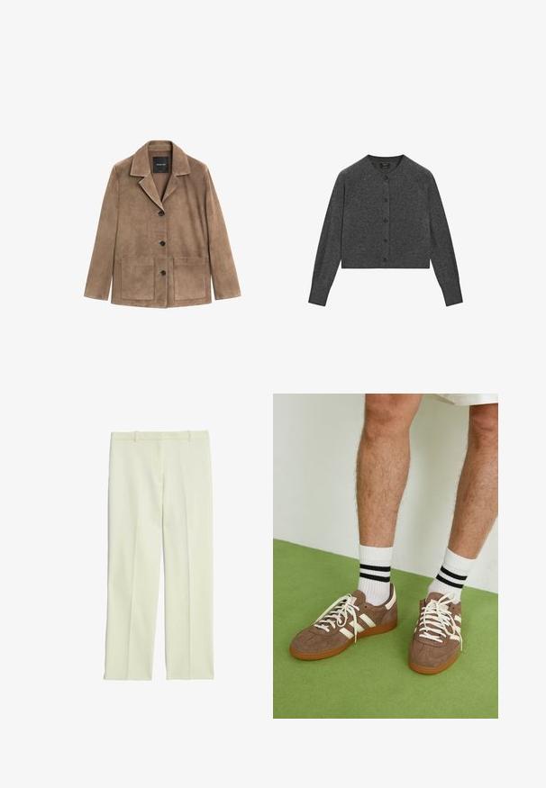 Braune Wildlederjacke mit Reverskragen, durchgehender Knopfleiste, zwei großen aufgesetzten Taschen und langen Ärmeln. Glatte Textur mit lässigem Design.; Graue, kurze Strickjacke aus weichem Material mit rundem Ausschnitt, langen Ärmeln und braunen Knöpfen auf der Vorderseite.; Weißes ärmelloses Tanktop mit rundem Halsausschnitt, aus geripptem Material; einfaches Design ohne Muster oder Verzierungen.; Cremefarbene, maßgeschneiderte Hosen mit geradem Schnitt, flachem Front, Gürtelschlaufen und glatter Oberfläche.; Braune Wildleder-Sneaker mit weißen Akzenten und Schnürsenkeln. Gummisohle in Kautschuk-Optik. Getragen mit weißen Socken, die schwarze Streifen haben. Grüner strukturierter Fußboden.
