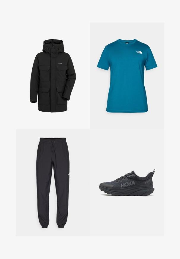 Parka preta isolada com gola alta e capuz fixo. Possui quatro bolsos de remendo na frente e fecho de correr frontal. Feito de material resistente à água.; T-shirt de manga curta em teal, feito de algodão macio, com um logótipo branco impresso no lado esquerdo do peito e um design clássico de gola redonda.; Calças atléticas pretas feitas de tecido leve, com um cós ajustável por cordão, bolsos laterais e punhos afunilados nos tornozelos.; Sapatilha de corrida Hoka preta com parte superior em malha, detalhes texturizados e uma sola grossa e acolchoada com bordas afiladas para um suporte melhorado.