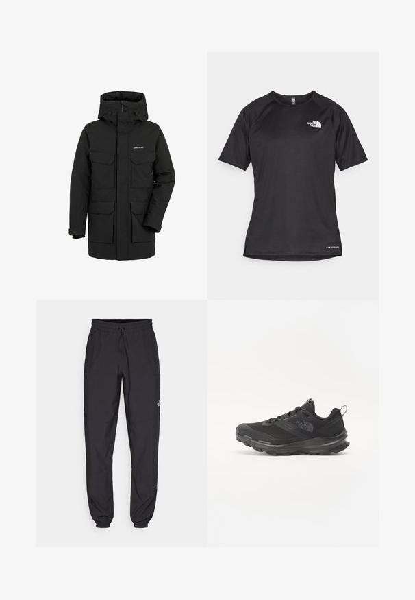 Crna izolirana parka s visokim ovratnikom i pričvršćenim kapuljačom. Ima četiri džepa na prednjoj strani i prednji patentni zatvarač. Izrađena od vodootpornog materijala.; Crna kratkotrajna atletska majica s teksturiranom tkaninom, koja ima bijeli logo na lijevom prsnom dijelu i ravni rub.; Crne sportske hlače od lagane tkanine, s pojasom na vezanje, bočnim džepovima i suženim manžetama na gležnjevima.; Crne sportske tenisice s mrežastim gornjim dijelom, gumiranom potplatom i podstavljenim rubom. Imaju vezice, logo sa strane i teksturirani dizajn.