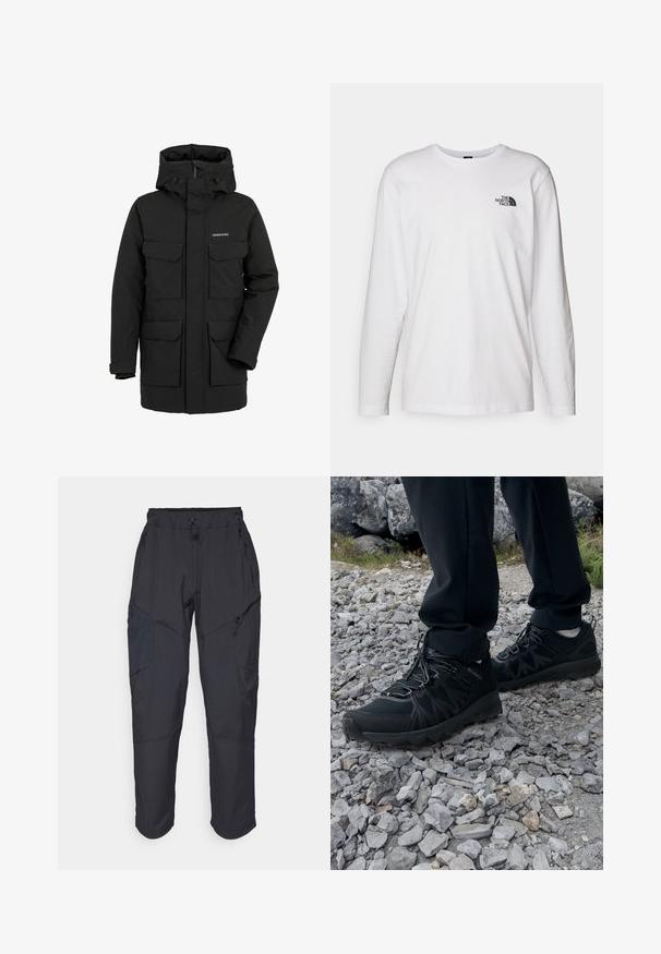 Zwarte geïsoleerde parka met een hoge kraag en een vaste capuchon. Voorzien van vier opgestikte zakken aan de voorkant en een ritssluiting. Gemaakt van waterafstotend materiaal.; Witte lange mouwen T-shirt gemaakt van katoen met een ronde hals. Beschikt over een klein zwart logo op de borst. Soepele textuur, normale pasvorm.; Zwarte cargo pants gemaakt van een lichtgewicht, waterafstotend materiaal; voorzien van een elastische tailleband, meerdere met rits gesloten zakken en taps toelopende pijpen.; Zwarte buitenschoenen van mesh en synthetisch materiaal, met een gestructureerd bovenwerk, een beveiligd vetersysteem en een robuuste zool, op een ruig terrein.