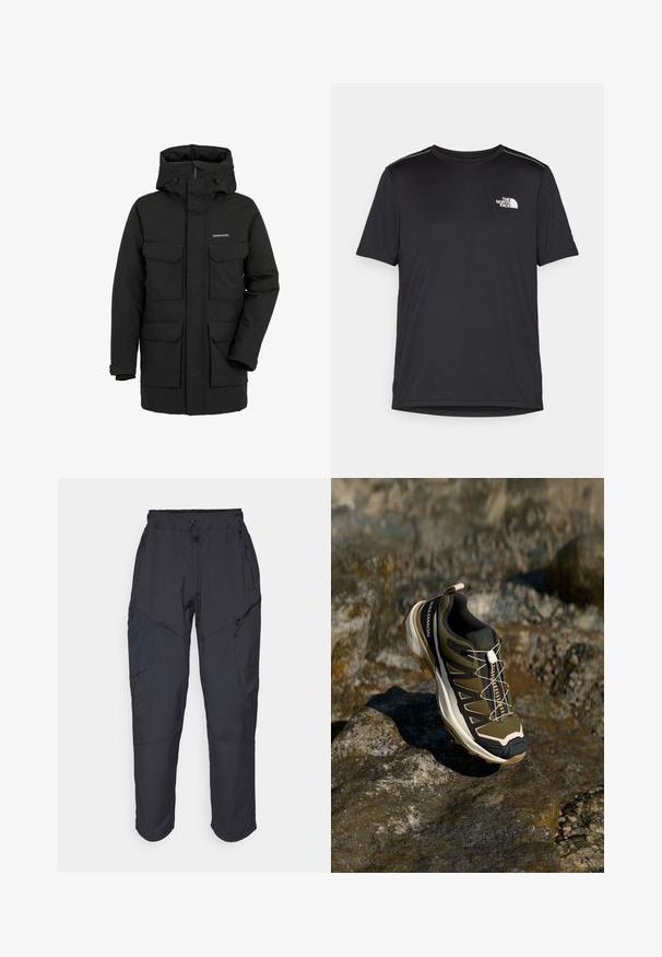 Mustast veekindlast materjalist isoleeritud parka, millel on kõrge krae ja kinnitatud kapuuts. Omab neli esiplaastritaskut ja esiosal lukku.; Must mustaöödiga must T-särk, mis on valmistatud kerge riidekanga. Esiküljel on vasakul rinnal väike valge logo ning õlgadel on peened aktsendid.; Mustad mustad püksid, mis on valmistatud kergest veekindlast materjalist; sisaldavad elastset vööd, mitmeid lukuga taskuid ja kitsenevaid jalgu.; Olive rohelised ja mustad matkasaapad roosade aktsentidega. Omab tekstuurset ülemist osa, painduvaid põhi, tugevdatud varbakaitset ja värvilist paeltesüsteemi.