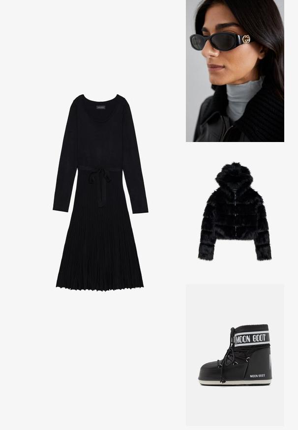 Giacca corta in finta pelliccia nera con cappuccio. Caratterizzata da una chiusura con zip, una texture morbida e un design a righe orizzontali.; Abito nero con maniche lunghe, scollatura a barchetta e vita con cintura. Presenta una texture a coste e una gonna fluida e plissettata.; Stivale Moon Boot nero con tomaia imbottita, fissata da lacci e una distintiva fascia bianca con il logo. Suola in gomma spessa e texture.; Occhiali da sole neri con una montatura rettangolare elegante e un accento del logo dorato sul lato. Le lenti scure e la finitura lucida sono evidenti.; Borsa a spalla nera realizzata in materiale liscio, con forma curvata, zip dorata e un accento con logo in rilievo dorato sul davanti.