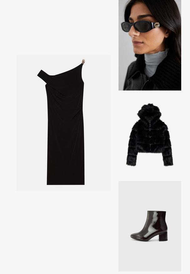 Fekete műszőrme rövid kabát kapucnival. Cipzárral záródik, puha tapintású és vízszintes steppelt mintázattal rendelkezik.; Fekete, egyvállas ruha, drapált anyagból, arany díszítéssel a vállon, sima textúrájú és térd hosszúságú kialakítással.; Fekete lakkbőr bokacsizma hegyes orral és vastag sarokkal. Simás textúra finom fényű, letisztult vonalakkal, minimalista design.; Fekete napszemüveg, sima, téglalap alakú kerettel, arany logóval az oldalon. Sötét lencsék és fényes felület jellemzi.