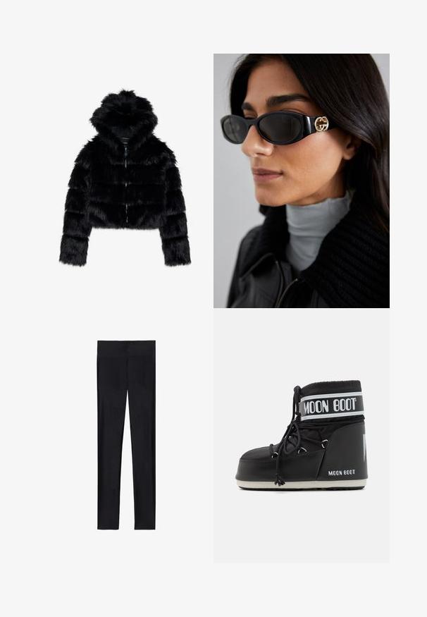 Sort faux fur cropped jakke med hætte. Har lynlåslukning, blød tekstur og horisontal quiltet design.; Sort turtleneck sweater lavet af blød strikket stof. Har lange ærmer og et tætsiddende design med en lige kant.; Sorte leggings lavet af strækbart stof; har en glat overflade, fuld længde design og en elastisk talje uden synlige sømme.; Sort Moon Boot med en polstret overdel, sikret med snørebånd og et karakteristisk hvidt bånd med logoet. Tykk, struktureret gummi sål.; Sorte solbriller med en strømlinet rektangulær ramme og en guld logoaccent på siden. Mørke linser og blank overflade er fremtrædende.; Even&Odd Shopping bags - black