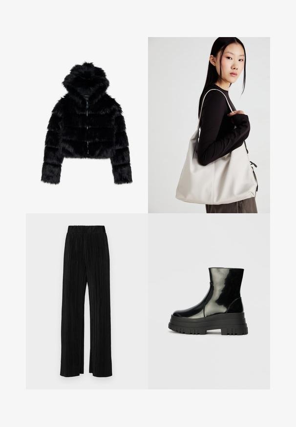 Must värvi faux karusnaha lühike jakk kapuutsiga. Omab tõmblukku, pehmet tekstuuri ning horisontaalset tikandimustrid.; Mustavööne, pika varrukaga kõrge kaelusega T-särk, mis on valmistatud ribakanga materjalist, omab sobivat disaini ja ei sisalda mustreid ega aksessuaare.; Mustad pleekitud püksid elastse vöökohtaga. Omavad laiad jalad ja sujuvat, tekstureeritud kangast vertikaalsete triipudega.; Must mustakate läikiv ankle boot paksu lõkkeka üle ja ümarate varvastega, külgvaates halli ühtlase taustal.; Bež käekott pehme materjali, millel on lõtv disain, õmblustega detailid ja kaks õlarihma. Sobib igapäevaseks kasutamiseks.