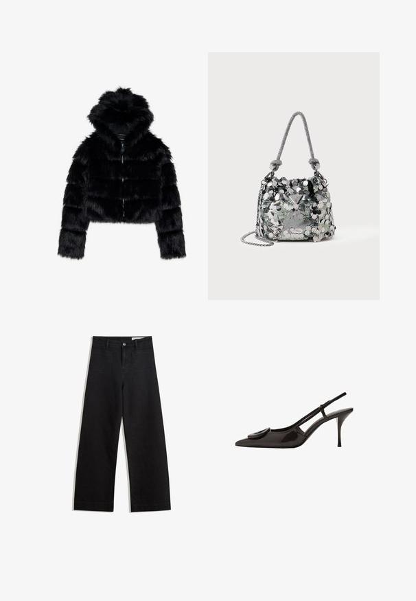 Crna kratka jakna od umjetnog krzna s kapuljačom. Ima patentni zatvarač, mekani tekstur i horizontalni kvadratni uzorak.; Set od dvije duge majice s dugim rukavima u bijeloj i crnoj boji. Rebrasta tekstura, okrugli izrez, uski kroj s blago raširenim rukavima.; Crne široke traperice s visokim strukom, s prednjim i stražnjim džepovima, šivenim šavovima i kopčanjem na gumb. Glatka tekstura.; Crne lakirane slingback cipele s oštrim vrhom, minimalističkim dizajnom, malim okruglim akcentom na prednjem dijelu i uskim potpeticama.; Mala sačinjena od srebrne boje, prekrivena velikim šljokicama, s čvorastim ručke i lančićem, na prednjoj strani s logotipom Guess.